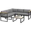 Outsunny Salotto da Giardino con Divano e Tavolino, Set 6 Pezzi in Alluminio con Cuscini Imbottiti, Tavolino con Piano Effetto Legno, Grigio