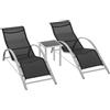 Outsunny Set 2 Sdraio da Giardino e Tavolino in Vetro, Lettino Prendisole con Tessuto Traspirante, 59x169x66cm, Nero Grigio