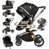 Magic ZC 360° Girevole Pelle PU Passeggino Trio, Passeggino 3 in 1 con Doppia Modalità Push Reversibile, Trio Passeggini Neonati in Alluminio, Carrozzina Neonati Grande Navicella (906 Black)