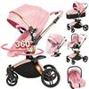 Magic ZC 360° Girevole Pelle PU Passeggino Trio, Passeggino 3 in 1 con Doppia Modalità Push Reversibile, Trio Passeggini Neonati in Alluminio, Carrozzina Neonati Grande Navicella (906 Pink)