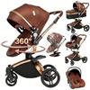 Magic ZC 360° Girevole Pelle PU Passeggino Trio, Passeggino 3 in 1 con Doppia Modalità Push Reversibile, Trio Passeggini Neonati in Alluminio, Carrozzina Neonati Grande Navicella (906 brown)