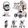 Kakbgee Passeggino 3 in 1 con Seggiolino Auto, 7-Altezza Regolabilea | Carrozzina Piegevole, Sospensione 4 Ruote, Copripioggia e Zanzariera, Baby Stroller per Neonati 0-3 Anni (15kg), Beige