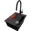 PRIMAGRAN Lavandino da Cucina Nero 38x50cm, Lavello in Granito a 1 vasca + Rubinetto 40x20cm + Set di accessori, Lavabo da Cucina Incasso al Mobile 40cm - Riga S113