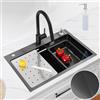 CECIPA Lavandino Cucina Nero (Antracite) 70x45 CM, Lavello Cucina 1 Vasca con Dispenser Sapone, Lavello Nero in Acciaio Inox con Vasca Mobile e Tagliere, con Sifone e Set di Drenaggio