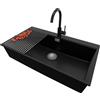 PRIMAGRAN Lavandino Angolare Nero 88x50cm, Lavello in Granito a 1 vasca + Rubinetto 32x20cm + Set di accessori, Lavabo da Cucina Incasso al Mobile 90cm - Oslo 90 Top S673