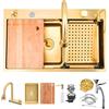 KOOGIMDDR KOOGIDDR - Lavandino da cucina, 75 × 45 cm, con rivestimento Nano dorato, in acciaio, da bar, ad incasso, estraibile, con accessori, con 5 fori per rubinetti
