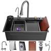 OMGMTSTORE In Acciaio Inox Single-Bowl Kitchen Lavello Multifunzionale Cascata Lavello Nano-Coated Workstation Lavello Con Cascata Pull-Down Rubinetto E Completo Accessorio Set (S : 75x45x22cm)