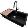 PRIMAGRAN Lavandino Angolare Nero 88x50cm, Lavello in Granito a 1 vasca + Rubinetto 40x20cm + Set di accessori, Lavabo da Cucina Incasso al Mobile 90cm - Oslo 90 Top S723