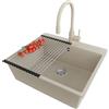 PRIMAGRAN Lavandino da Cucina Beige 58x50cm, Lavello in Granito a 1 vasca + Rubinetto 38x14cm + Set di accessori, Lavabo da Cucina Incasso al Mobile 60cm - Riga S390