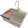 PRIMAGRAN Lavandino da Cucina Beige 58x50cm, Lavello in Granito a 1 vasca + Rubinetto 32x20cm + Set di accessori, Lavabo da Cucina Incasso al Mobile 60cm - Riga S382