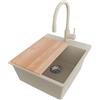 PRIMAGRAN Lavandino da Cucina Beige 43x50cm, Lavello in Granito a 1 vasca + Rubinetto 38x14cm + Set di accessori, Lavabo da Cucina Incasso al Mobile 45cm - Riga S191