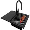 PRIMAGRAN Lavandino da Cucina Nero 62x50cm, Lavello in Granito a 1 vasca + Rubinetto 40x20cm + Set di accessori, Lavabo da Cucina Incasso al Mobile 40cm - Milano S035