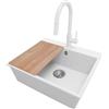PRIMAGRAN Lavandino da Cucina Bianco 58x50cm, Lavello in Granito a 1 vasca + Rubinetto 40x20cm + Set di accessori, Lavabo da Cucina Incasso al Mobile 60cm - Riga S359
