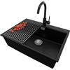 PRIMAGRAN Lavandino Angolare Nero 68x50cm, Lavello in Granito a 1 vasca + Rubinetto 32x20cm + Set di accessori, Lavabo da Cucina Incasso al Mobile 70cm - Oslo Top S472