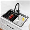 CECIPA Lavatoio Cucina Nero (Antracite) 70 x 45 cm, Lavello Cucina 1 Seno in Acciaio Inox con Dispenser di Sapone, Lavello con Sifone e Set di Scarico, Lavello con Lavello Mobile e Tagliere
