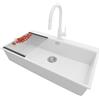 PRIMAGRAN Lavandino Angolare Bianco 88x50cm, Lavello in Granito a 1 vasca + Rubinetto 40x20cm + Set di accessori, Lavabo da Cucina Incasso al Mobile 90cm - Oslo 90 Top S678