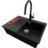 PRIMAGRAN Lavandino Angolare Nero 68x50cm, Lavello in Granito a 1 vasca + Rubinetto 40x20cm + Set di accessori, Lavabo da Cucina Incasso al Mobile 70cm - Oslo Top S475