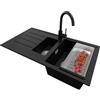 PRIMAGRAN Lavandino da Cucina Nero 90x50cm, Lavello in Granito a 1,5 vasche + Rubinetto 32x20cm + Set di accessori, Lavabo da Cucina Incasso al Mobile 60cm - Copenhagen Duo S063