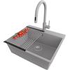 PRIMAGRAN Lavandino da Cucina Grigio 58x50cm, Lavello in Granito a 1 vasca + Rubinetto 40x20cm + Set di accessori, Lavabo da Cucina Incasso al Mobile 60cm - Riga S385