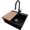 PRIMAGRAN Lavandino da Cucina Nero 58x50cm, Lavello in Granito a 1 vasca + Rubinetto 40x20cm + Set di accessori, Lavabo da Cucina Incasso al Mobile 60cm - Riga S357