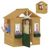 AIYAPLAY Casetta da Giardino per Bambini in Legno di Abete, Casetta per Bambini da Esterno con 3 Finestre, 2 Fioriere, Porta e Tetto, per Bimbi 3-8 Anni, Interno ed Esterno, 134.5x97x150 cm, Marrone