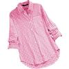 RRYPBOVG Camicia Quadri Donna Camicia Casual da Donna in Cotone e Lino a Quadri, a Maniche Lunghe, con Scollo a V e Bottoni, a Righe Arrotolate(Pink,M)