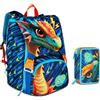 PRESTIGE & DELUXE Zaino Scuola Sj boy Dragon Glide Drago alato estensibile By Seven per elementare Bambino + Astuccio 3 piani + 7 penne a scatto e portachiave pailettes