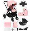 BabyVoyage Passeggino 4 in 1 Carrozzina Multifunzionale Carrozzina Ovetto Pieghevole Set Passeggino Neonato, Alluminio Paesaggistico Alto, Include seggiolino auto e base Isofix-rosa