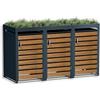 Metzler box pattumiere design antracite & effetto legno con tetto vegetale 3x240L, acciaio verniciato a polvere, resistente