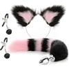 NiKi Anale Plug a Coda di Volpe e Morsetti per Capezzoli, Plug Anale con Orecchie di Gatto, Plug Anale in Acciaio Inox con Coda per Principianti, Donne, Uomini, Coppie(K8-N1)