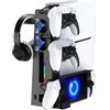 KAFRI Supporto sottile per PS5/PS5 e stazione di raffreddamento con caricabatterie controller, dock di ricarica per portale PS, ventola di raffreddamento, luce RGB, supporto per cuffie, accessori per