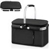 Ecofocet Grande Cestino Picnic Pieghevole, Cestino per la Spesa Pieghevole, Borsa Termica con Manico in Alluminio, Cestino Termico Portatile, per Shopping Picnic Campeggio, 41×25×24 cm (Nero)