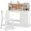 RELAX4LIFE Set Scrivania e Sedia per Bambini, Tavolo da Scrittura in Legno con Sedia, Ripiano, Bacheca, Cassetto, Armadio per Lettura, Disegno, Set di Tavoli da Studio per Bambini (Bianco)