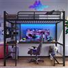 Kebnor Letto alto, telaio in ferro, scrivania, ringhiera, scala a forbice, vari ripiani, con presa USB+Type-C, con barra LED, con pannello perforato, senza materasso (nero, 90 x 200 cm)