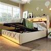 NNJN Letto matrimoniale, imbottito, testiera con porta USB e tipo C, funzione LED 360 surround intorno alla testa e ai piedi del letto con vano portaoggetti idraulico, lino (senza materasso), beige, 140 x