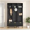 Kebnor Set appendiabiti con panchina, multifunzionale, portaoggetti aperto, 6 ganci e piedi dorati, adatto per corridoio, soggiorno, B120/D23,5/H191,5 cm (nero)