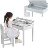 LIFEZEAL Tavolino e Sedia per Bambini 3+Anni, Gambe in Legno di Pino, Tavolino con Rotolo di Carta da DIsegno, Contenitore Nascosto, Piano Inclinabile, Sedia con Schienale, per Cameretta, Grigio