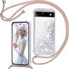 TUUTPU Cover per Google Pixel 6A con Cordino, Custodia Brillantini Liquido con Collana Trasparente Ultra Sottile Silicone Antiurto Protettivo Sabbie Mobili Case per Cellulare Cordoncino, Oro Rosa