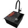 PRIMAGRAN Lavandino sottotop Nero 41x47cm, Lavello in Granito a 1 vasca + Rubinetto 40x20cm + Set di accessori, Lavabo da Cucina al Mobile 45cm - London S161