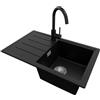 PRIMAGRAN Lavandino da Cucina Nero 70x44cm, Lavello in Granito a 1 vasca + Rubinetto 32x20cm + Set di accessori, Lavabo da Cucina Incasso al Mobile 45cm - Copenhagen Easy S045