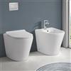 Inbagno Coppia Sanitari Filomuro Serie Ukra WC E Bidet In Ceramica Bianco Tecnologia Rimless Per Igiene Totale Completi Di Copriwc Soft-Close