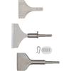 WERHE SDS Plus - Set di scalpelli con lame intercambiabili, per piastrelle, intonaco, colla e residui di calcestruzzo, 5 lame da 25/40/50/75/100 mm + scalpello piatto 75 x 180 mm, supporto con blocco