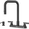 APPASO Rubinetto da cucina a 4 fori con spruzzatore estraibile, rubinetto da cucina a 2 maniglie con dispenser di sapone, rubinetto per lavello da cucina nero opaco