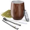 Aquafloow Tazza Yerba Mate a Doppia Parete 350 ml, Mate Argentino + 2 Pezzi Cannucce in Acciaio | Coperchio senza BPA, Set da Tè in Acciaio Inox per Yerba, Mate - Marrone