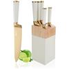 BVI BOOMERVIVI Set di coltelli da cucina, 6 coltelli in acciaio inossidabile rosa con blocco, blocco di coltelli ultra affilato con manico confortevole, coltello da chef per cucina domestica (bianco)