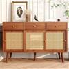 A ALFRESCOOL Credenza, cassettiera con 3 cassetti e 3 ante scorrevoli, rattan intrecciato sulla parte anteriore della porta, gambe in legno massiccio, maniglia in metallo dorato, ripiani regolabili, color noce