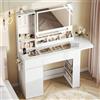 Dripex Tavolo da toeletta con illuminazione e prese, tavolo da 115 cm, con specchio e piano in vetro trasparente, Vanity Desk, per camera da letto, bianco