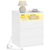 AOGLLATI Comodini Camera da Letto con Stazione di Ricarica e Luci LED, Tavolino con 3 Cassetti e 1 Ripiano Aperto, Comodini Moderni per Soggiorno e Camera da Letto,Bianco