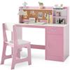 RELAX4LIFE Set Scrivania e Sedia per Bambini, Tavolo da Scrittura in Legno con Sedia, Ripiano, Bacheca, Cassetto, Armadio per Lettura, Disegno, Set di Tavoli da Studio per Bambini (Bianco+Rosa)