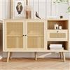 A ALFRESCOOL Credenza cassettiera con 1 cassetto e 2 ante magnetiche, intrecciato in rattan sulla parte anteriore delle porte, gambe in legno massello, maniglia ad arco in metallo nero, ripiani